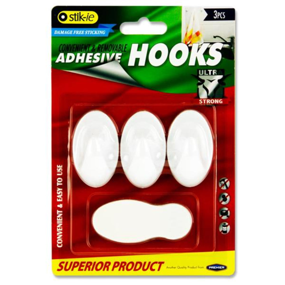 Stik-ie Removable Adhesive Plastic Hooks - 54X33mm - Pack of 3