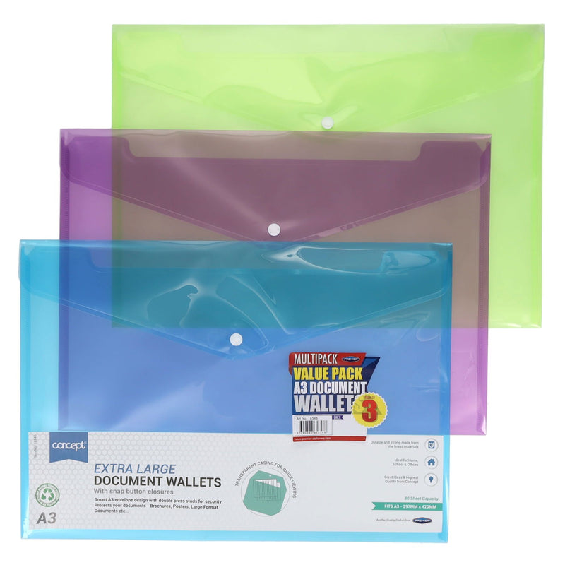 Concept Multipack | A3 Document Wallets - Clear - Pack of 3