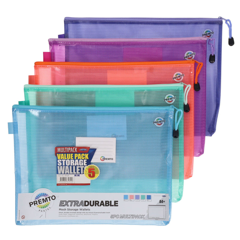Premto Pastel A4+ Extra Durable Mesh Storage Wallet - Pack of 5