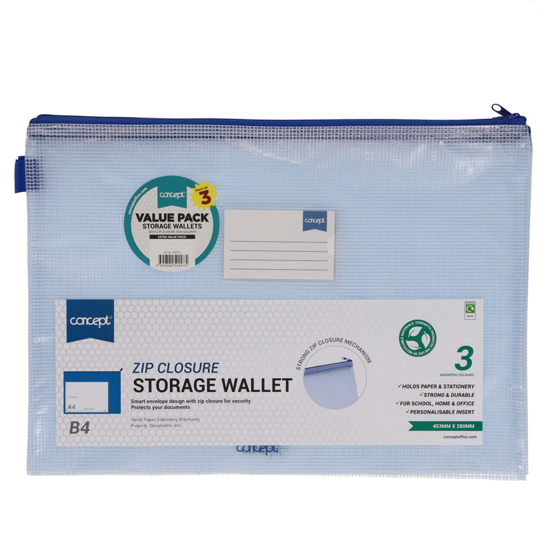Concept Multipack | B4 Durable Mesh Wallets with Zip - Clear - Pack of 3