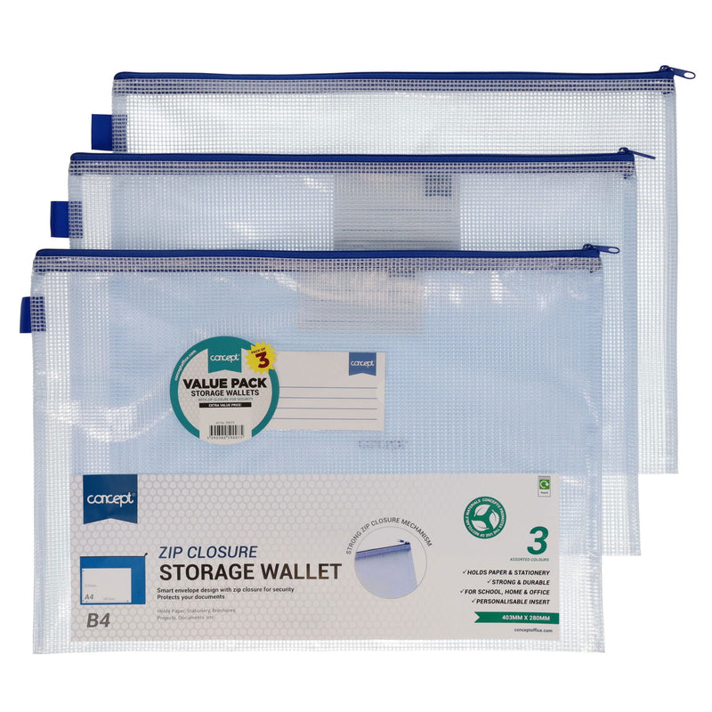 Concept Multipack | B4 Durable Mesh Wallets with Zip - Clear - Pack of 3