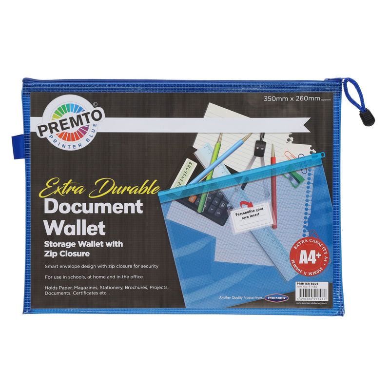 Premto A4+ Extra Durable Mesh Wallet with Zip - Printer Blue