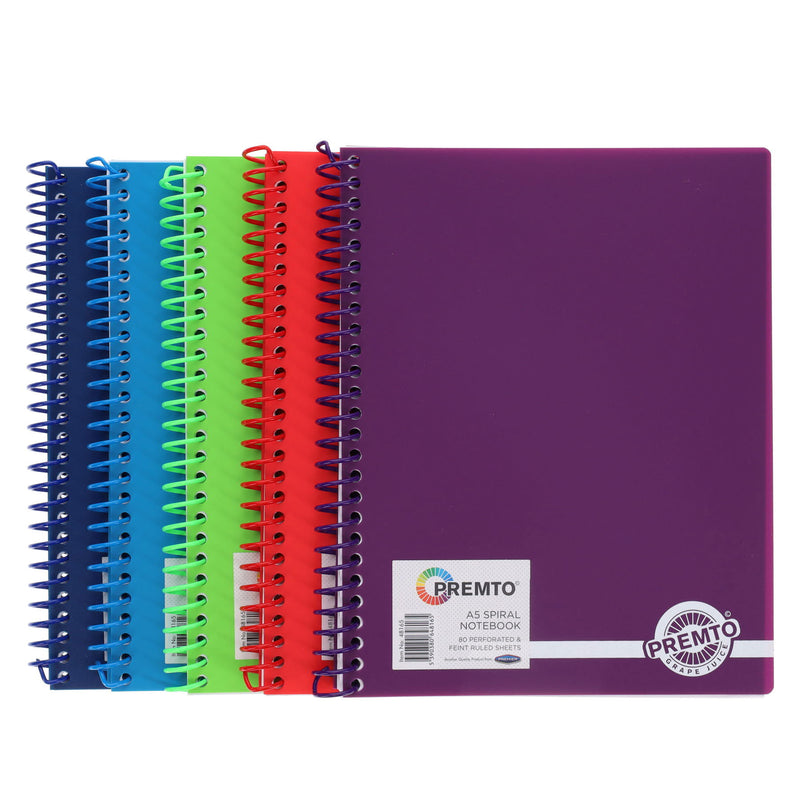 Premto A5 Spiral Notebook PP - 160 Pages - Pack of 5