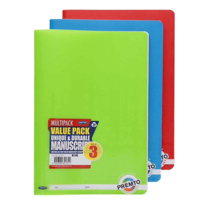 premto-a4-durable-cover-manuscript-book-160-pages-pack-of-3|Stationery Superstore UK