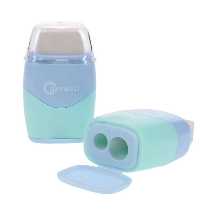 Premto Pastel Twin Hole Sharpener with Eraser - Mint Magic and Cornflower Blue