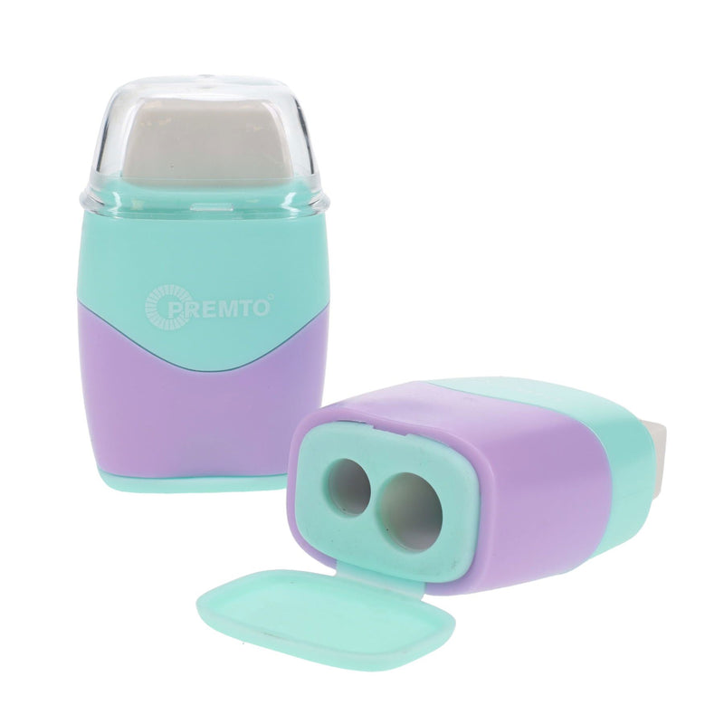 Premto Pastel Twin Hole Sharpener with Eraser - Mint Magic and Wild Orchid