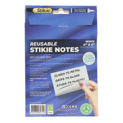 Stik.ie Reusable Stikie Notes - White - 4x6 - Pack of 6