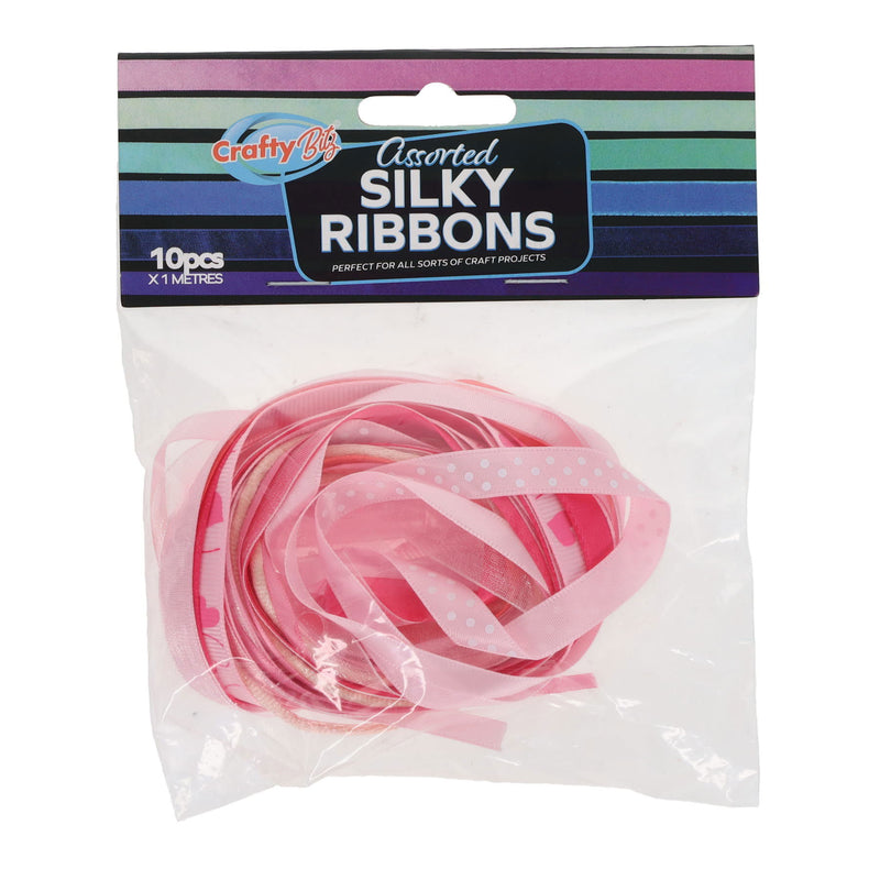 Crafty Bitz Silky Ribbons - 10m - White & Pink