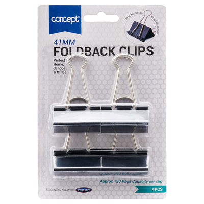 Premier Office 41mm Fold Back Binder Clips - Black - Pack of 4