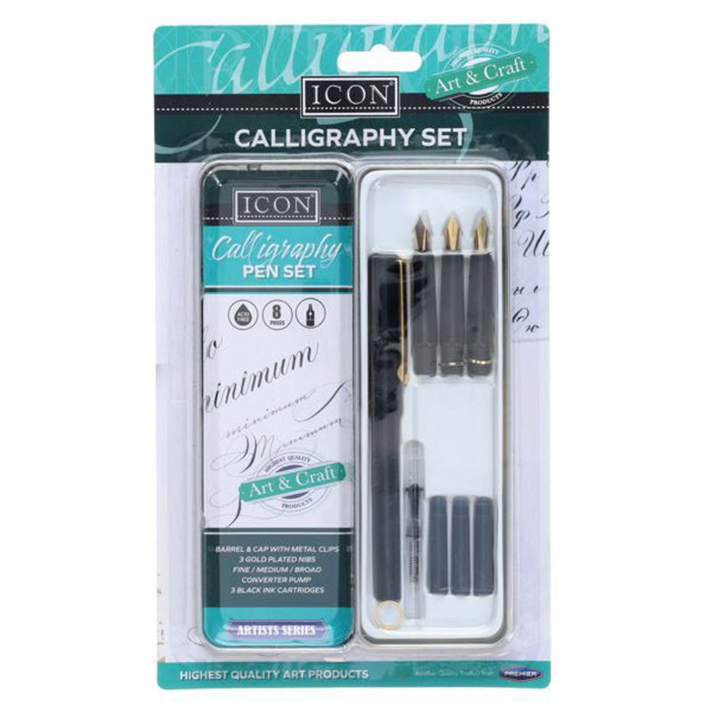 Icon Calligraphy Pen Set in Tin with 3 Gold-Plated Nibs, 3 Ink Cartridges & Converter