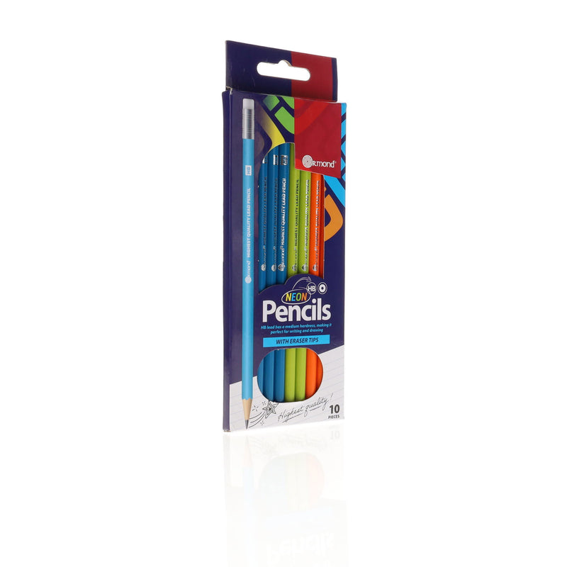 Ormond Wallet of 10 HB Eraser Tipped Pencils - Neon