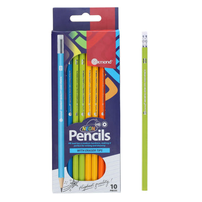 Ormond Wallet of 10 HB Eraser Tipped Pencils - Neon