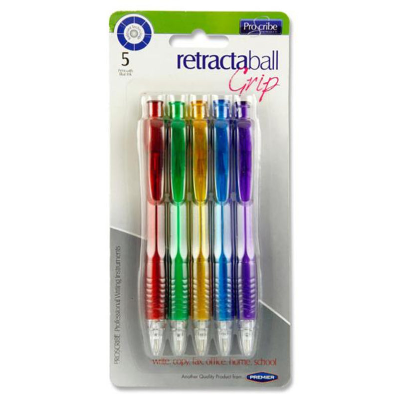 Pro:Scribe Retractaball Ballpoint Pens - Blue Ink - Coloured - Pack of 5