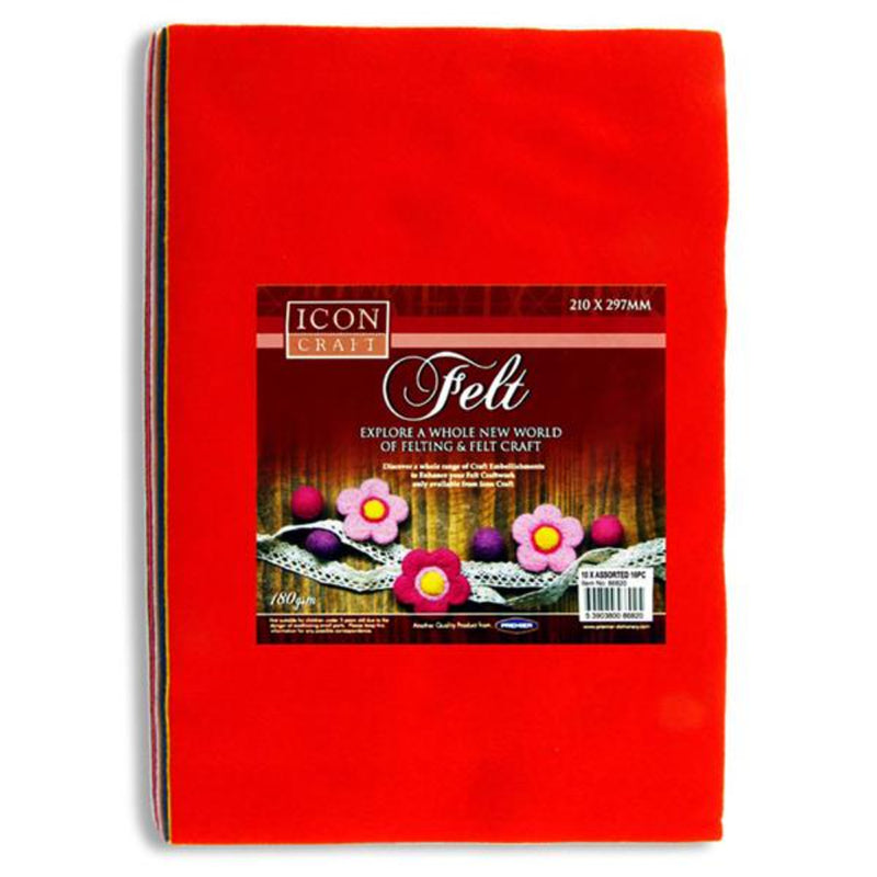 Icon A4 Felt Sheet - Assorted Colours - Pack of 10