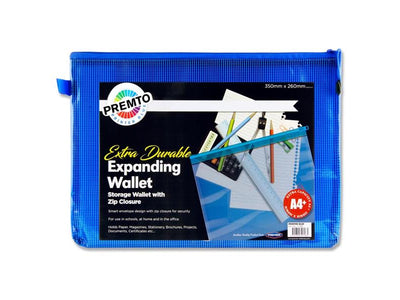 Premto A4+ Extra Durable Expanding Mesh Wallet with Zip - Printer Blue