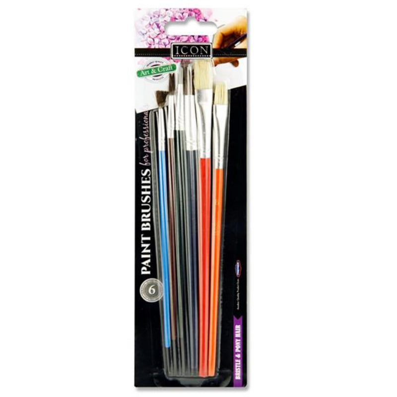 Icon Professional Paint Brushes - Bristle & Pony Hair - Set of 6