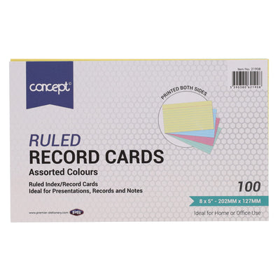 Concept 8 x 5 Ruled Record Cards - Colour - Pack of 100