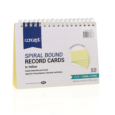 Concept 6 x 4 Spiral Bound Index Card - Yellow - Pack of 50