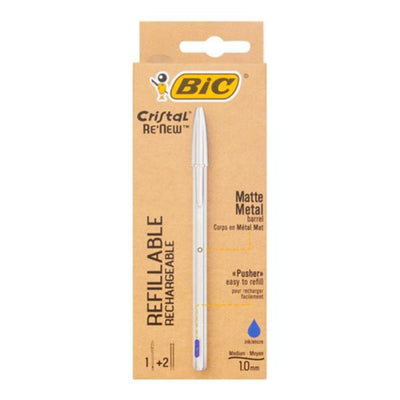 BIC Cristal Re'New Refillable Ballpoint Pen + 2 Refills - Blue Ink