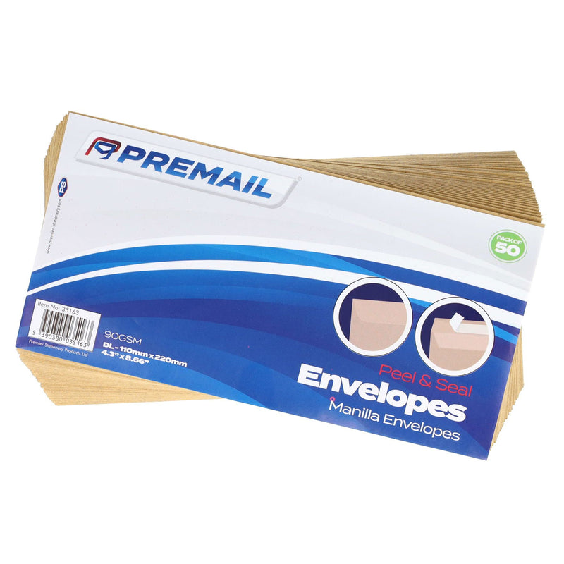 Premail DL Peel & Seal Envelopes - 110 x 220mm - Manilla - Pack of 50
