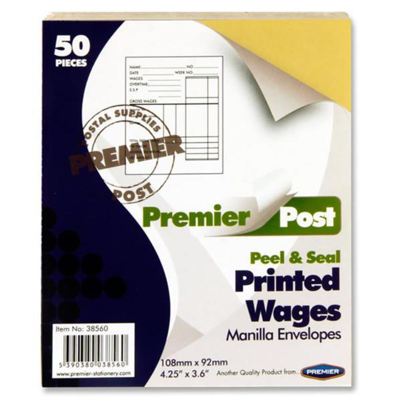 Premail Peel & Seal Printed Wages Manilla Envelopes - Pack of 50