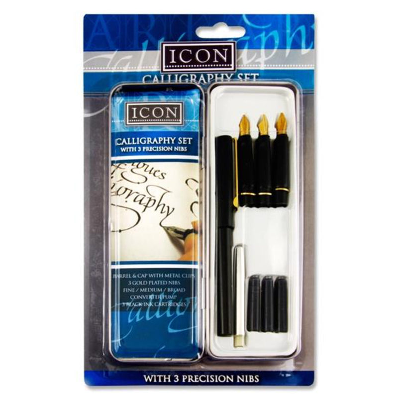 Icon Calligraphy Pen Set in Tin with 3 Gold-Plated Nibs, 3 Ink Cartridges & Converter