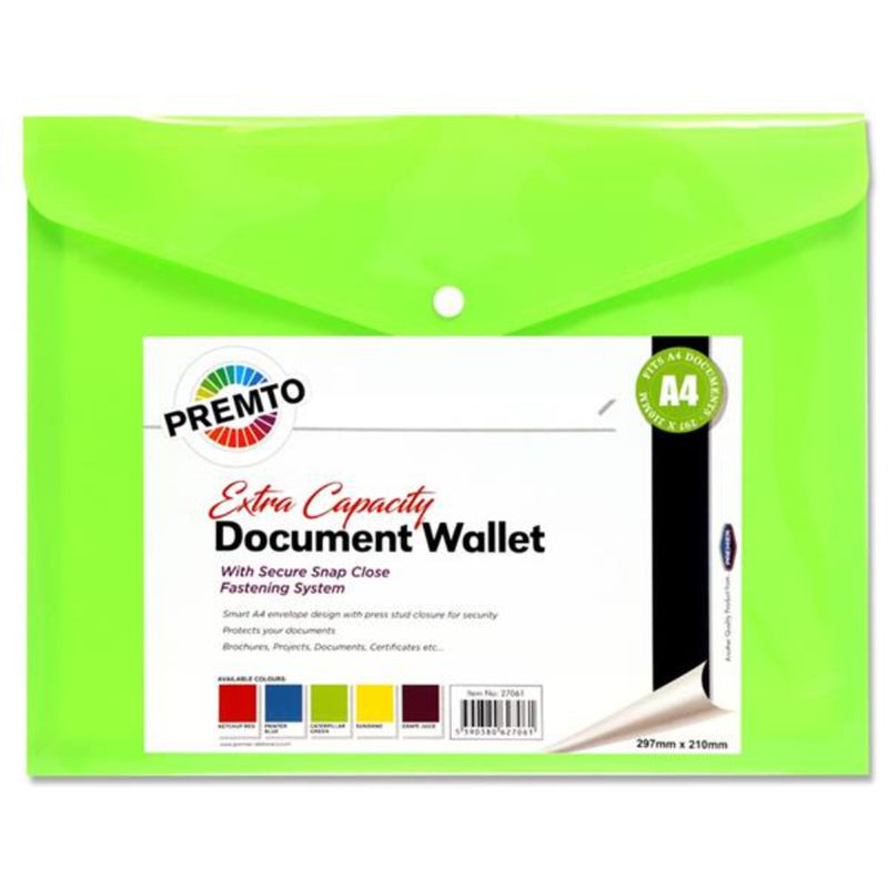 Premto A4 Extra Capacity Document Wallet with Button Closure - Caterpillar Green