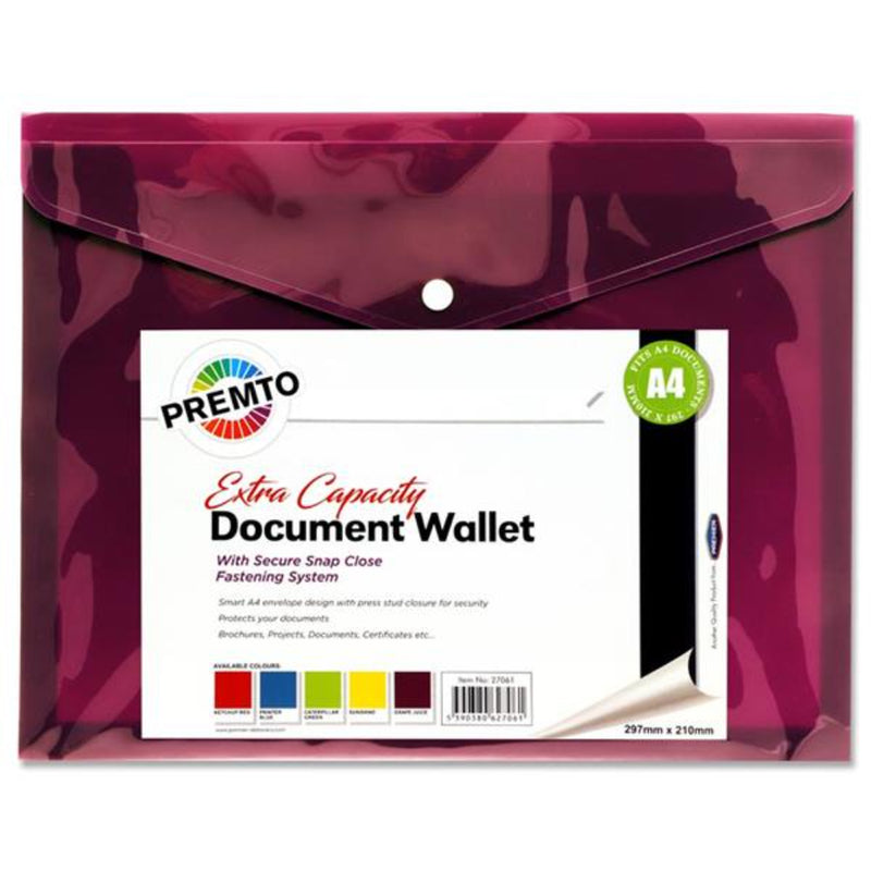 Premto A4 Extra Capacity Document Wallet with Button Closure - Grape Juice
