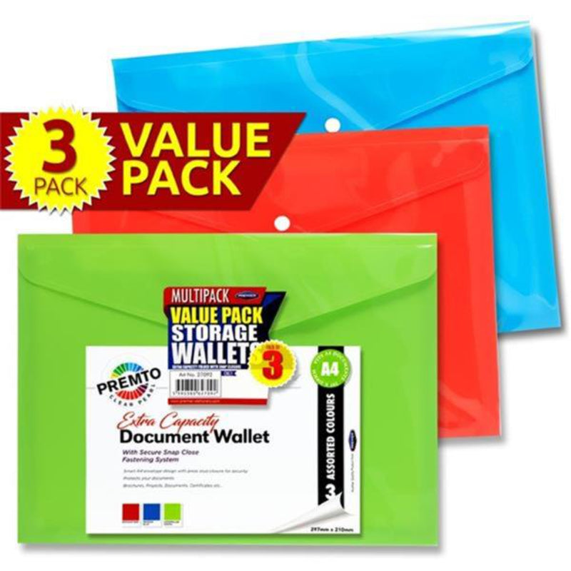 Premto A4 Multipack | Extra Capacity Document Wallet - Series 1 - Pack of 3