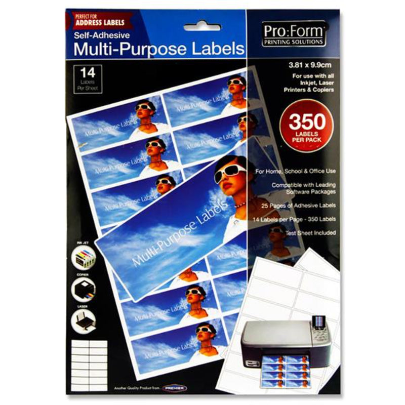 Pro:Form Self Adhesive Multi-Purpose Labels - 3.81cm x 9.9cm - 14 Labels per Sheet - 25 Sheets