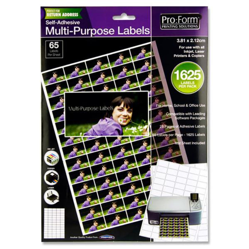 Pro:Form Self Adhesive Multi-Purpose Labels - 3.81x2.12cm - 65 Labels per Sheet - 25 Sheets