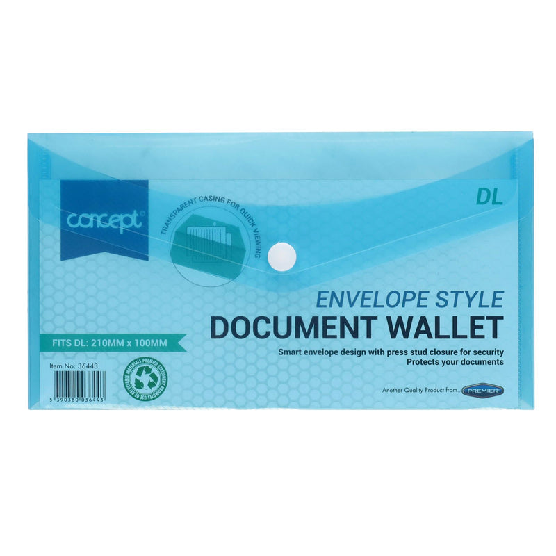Premier Office DL Envelope-Style Document Wallet with Button - Clear Blue