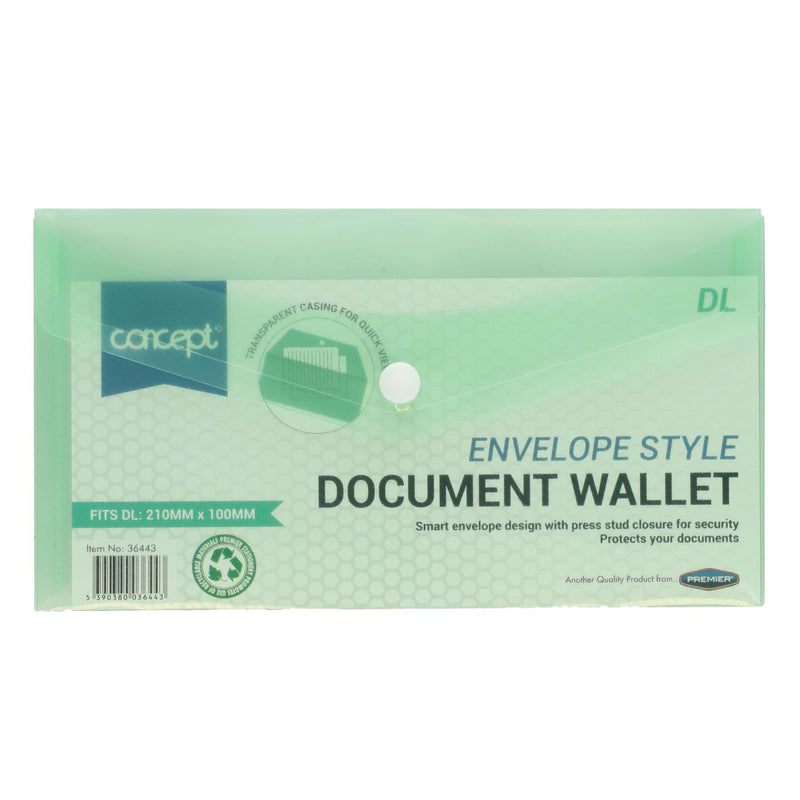Premier Office DL Envelope-Style Document Wallet with Button - Clear Green