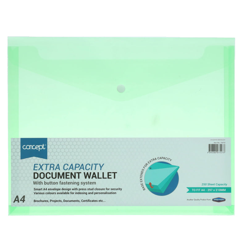A4 Extra Capacity Document Wallet - Green