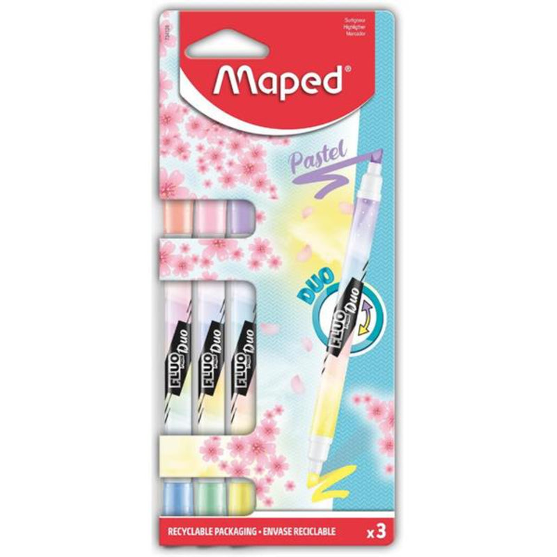 Maped Fluo Duo Tip Highlighter Pens - Pastel - Pack of 3