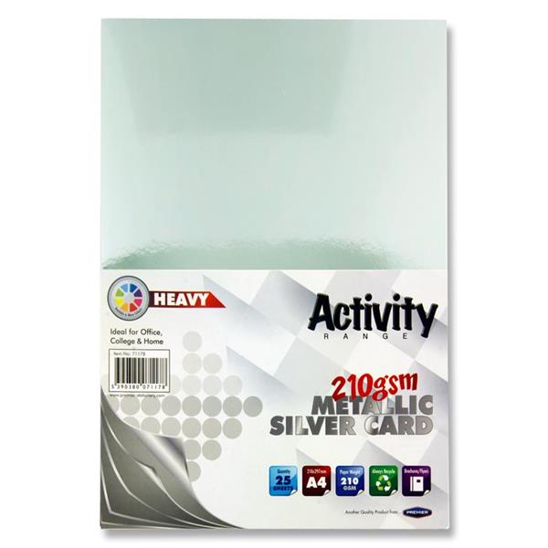 Premier Activity A4 Heavy Metallic Card - 210gsm - Silver - 25 Sheets