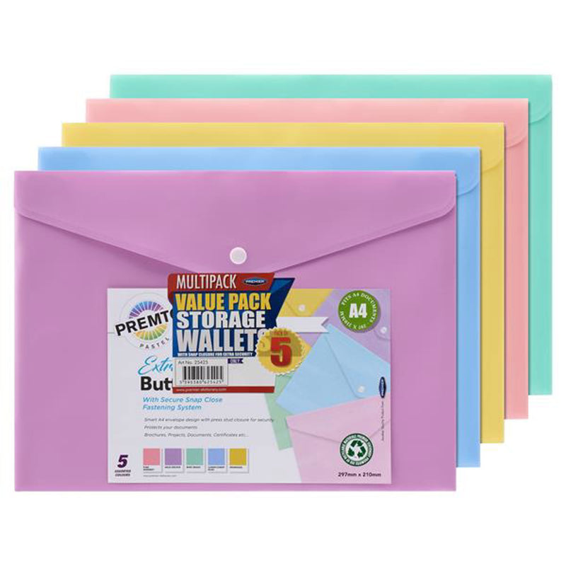 Premto Pastel Multipack | A4 Extra Durable Button Wallet - Pack of 5