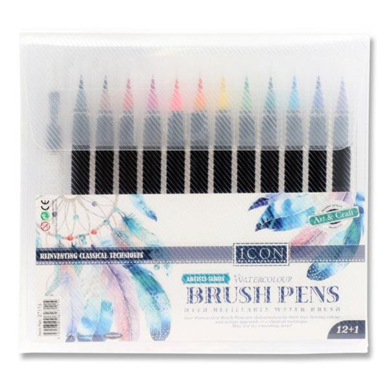 Icon Watercolour Brush Pens with Water Brush - Pack of 12