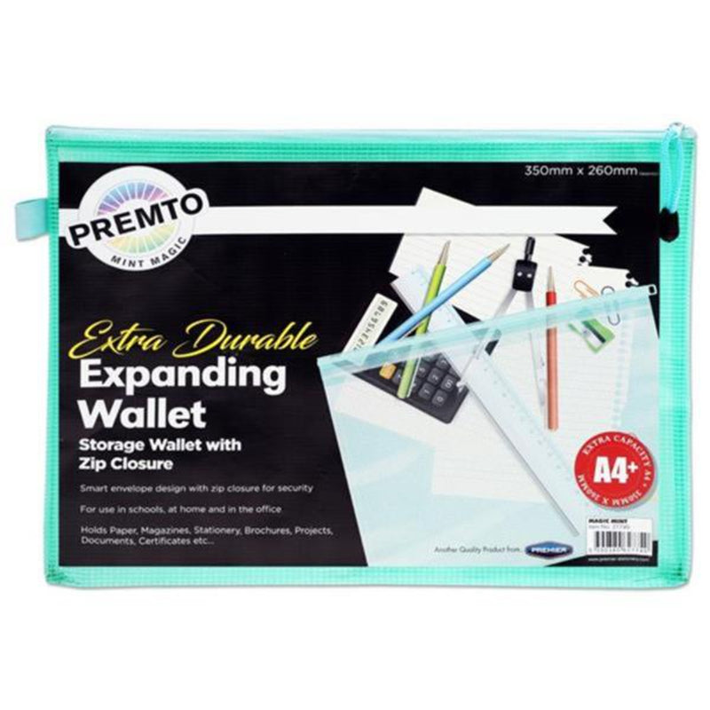 Premto Pastel A4+ Extra Durable Expanding Mesh Wallet with Zip - Mint Magic Green