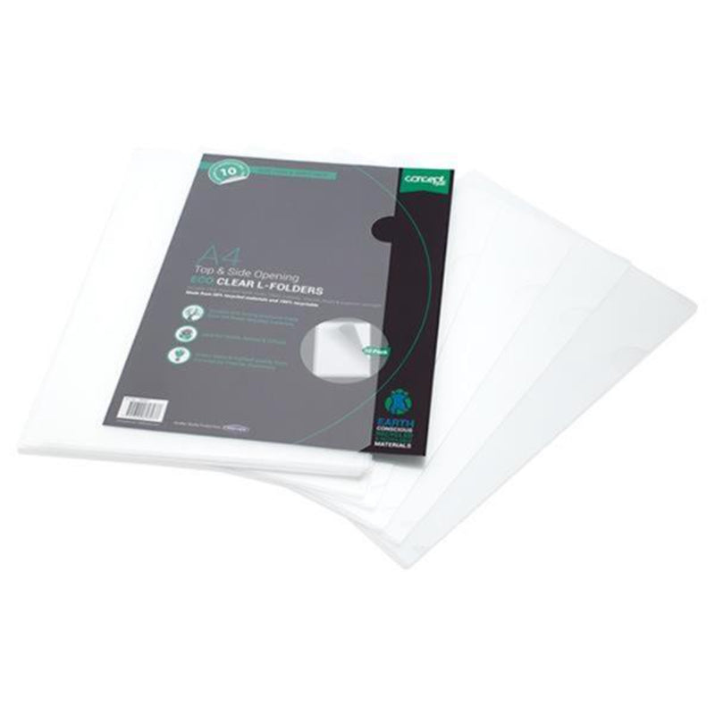 Concept Green A4 Eco Top & Side Opening L-Shaped Folders - Clear - Pack of 10