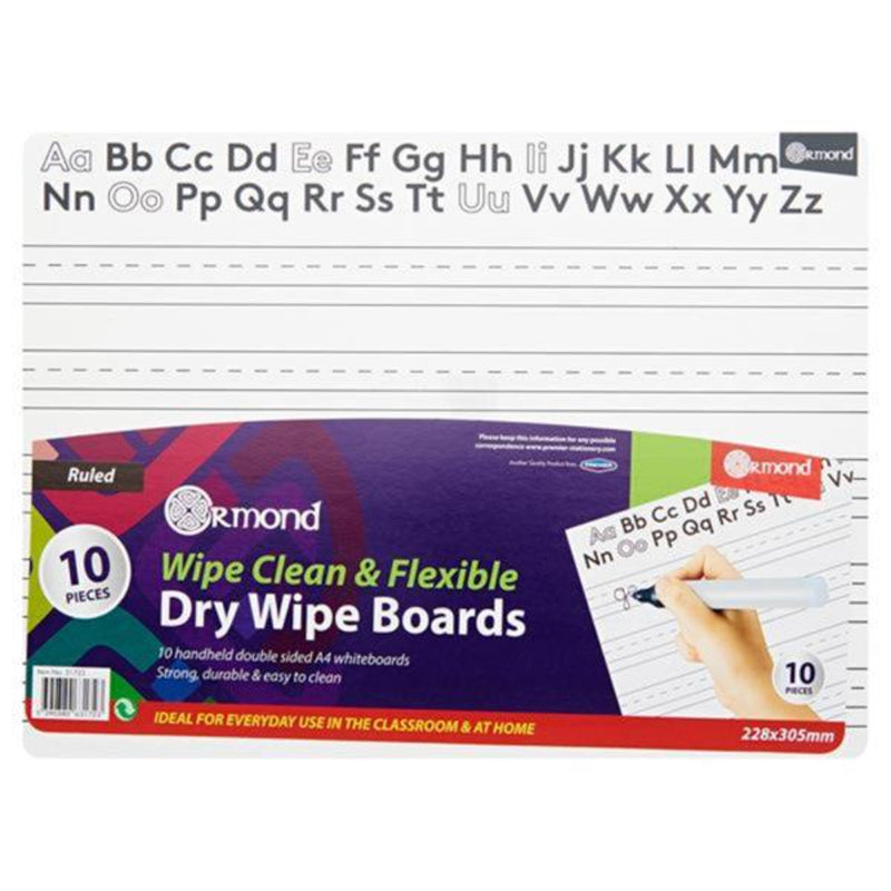 Ormond Dry Wipe Board - Ruled for Letters - 228x305mm - Letters - Pack of 10