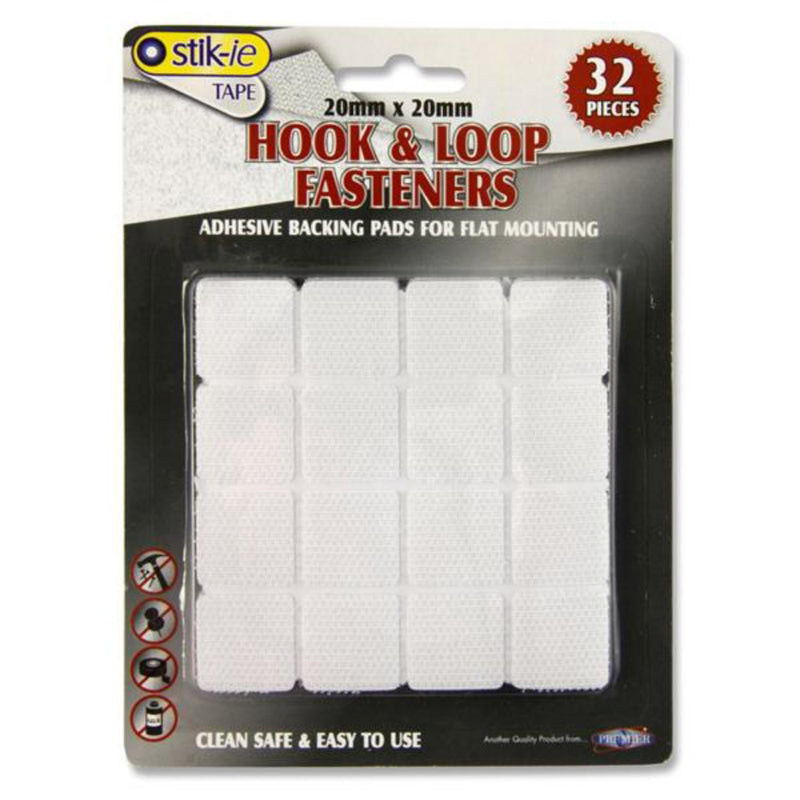 Stik-ie Hook & Loop Velcro Fasteners - 20 x 20mm - Pack of 32