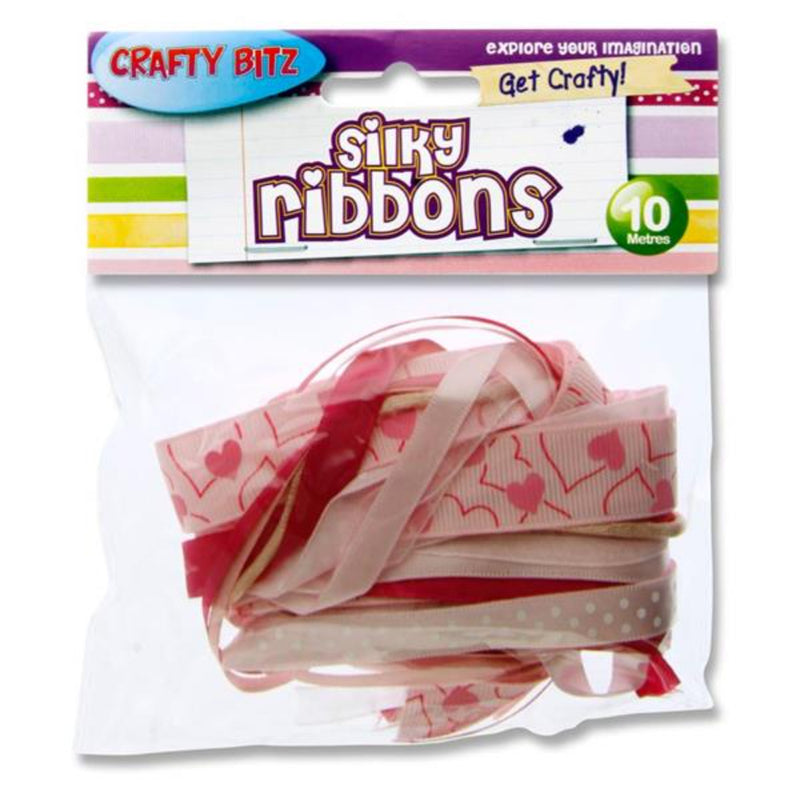 Crafty Bitz Silky Ribbons - 10m - White & Pink