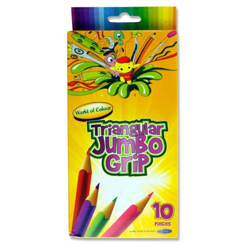 World of Colour Box of 10 Triangular Jumbo Grip Colouring Pencils + Sharpener