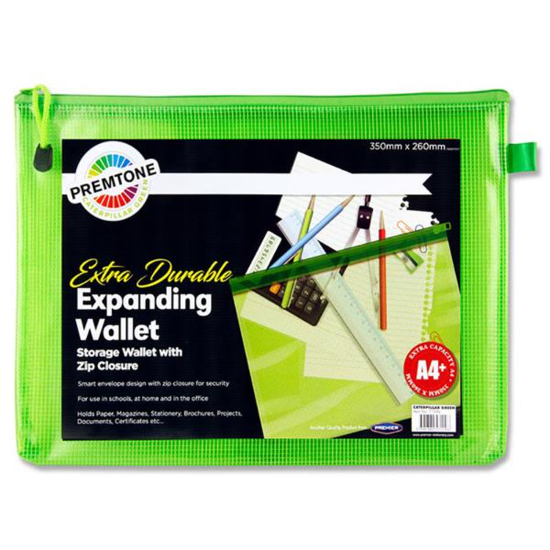 Premto A4+ Extra Durable Expanding Mesh Wallet with Zip - Caterpillar Green