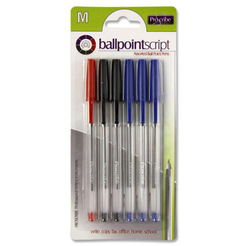 Pro:Scribe Ballpoint Pens - Blue, Red, Black Ink - Pack of 6