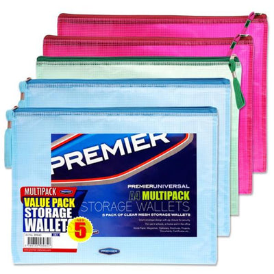 premier-universal-multipack-a4-mesh-wallets-clear-pack-of-5|Stationery Superstore UK