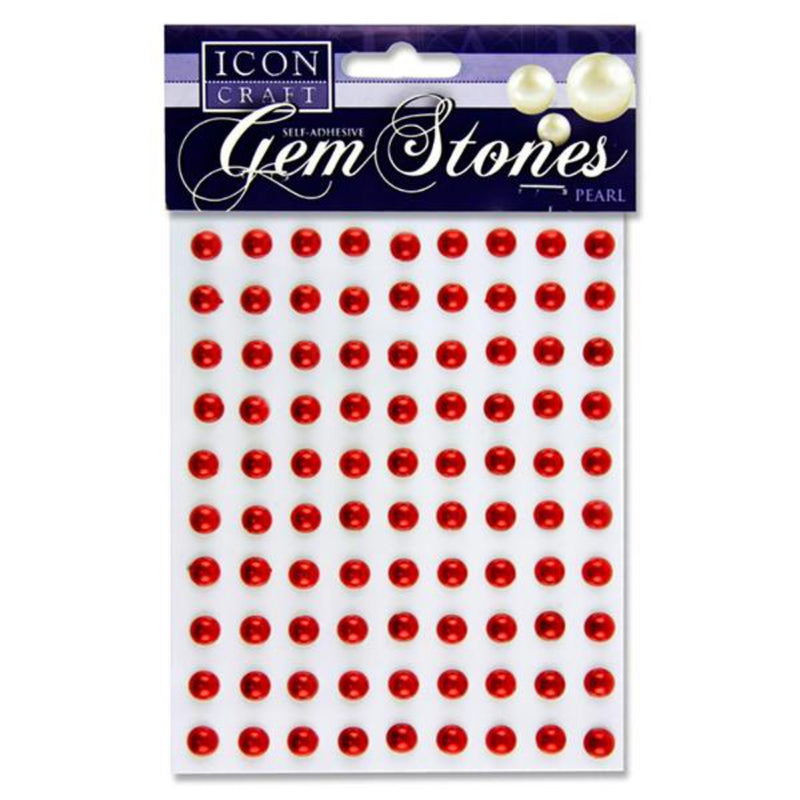 Icon Self Adhesive Gem Stones - 8mm - Pearl - Red - Pack of 90